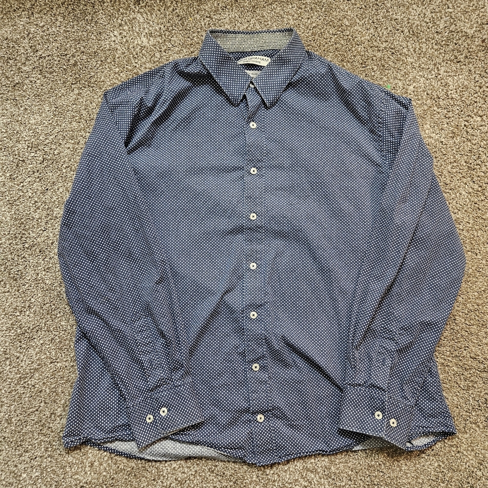 Men's 2XL NICK GRAHAM Navy Blue Polka Dot Stretch Modern Fit Cotton Dress Shirt